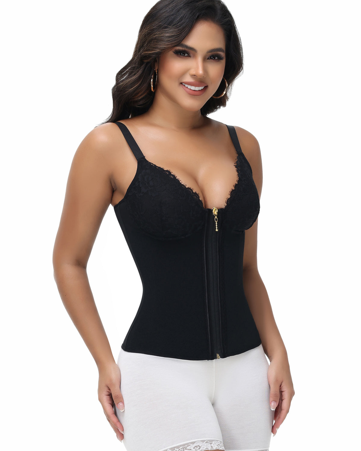 Shapshe® Deep V Lace Corset Top Trimmed Waist Trainer with Front Zipper