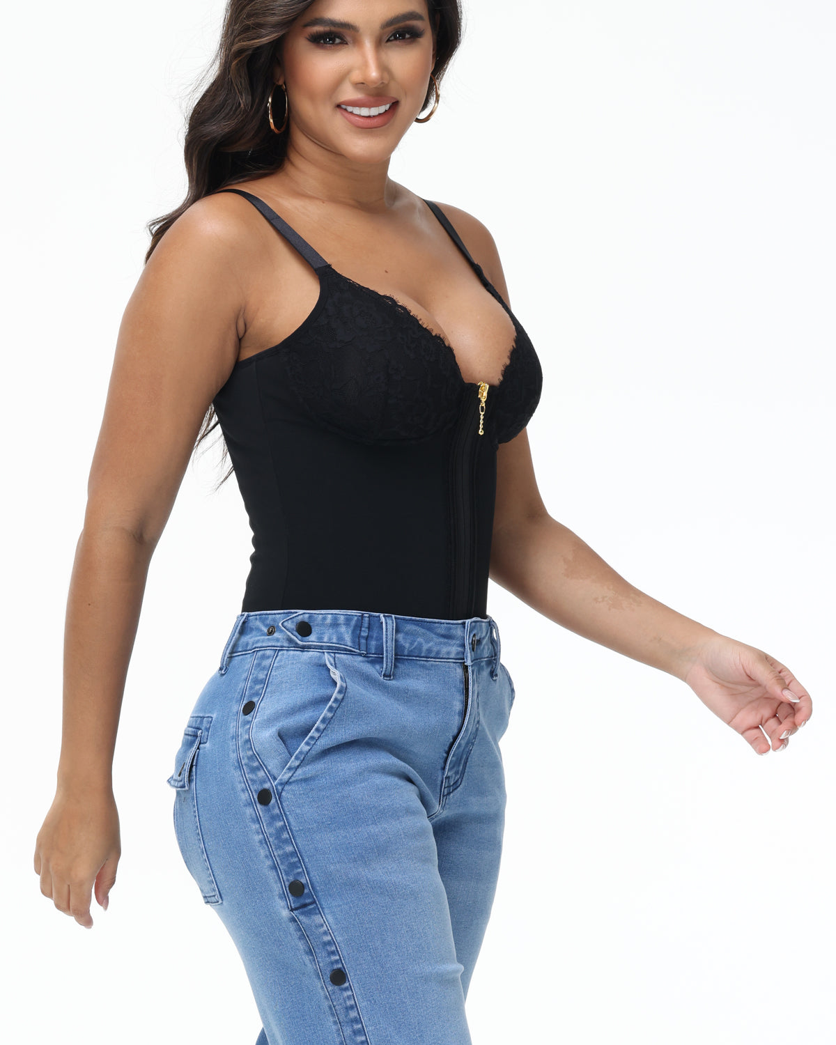 Shapshe® Deep V Lace Corset Top Trimmed Waist Trainer with Front Zipper