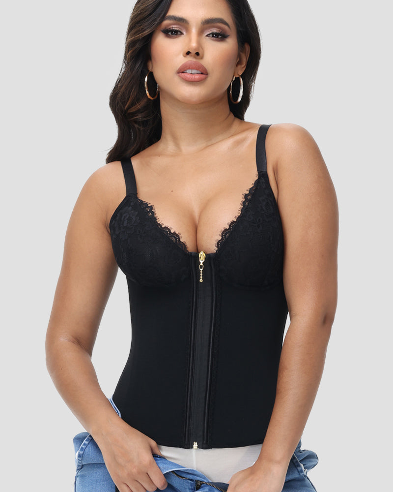 Shapshe® Deep V Lace Corset Top Trimmed Waist Trainer with Front Zipper