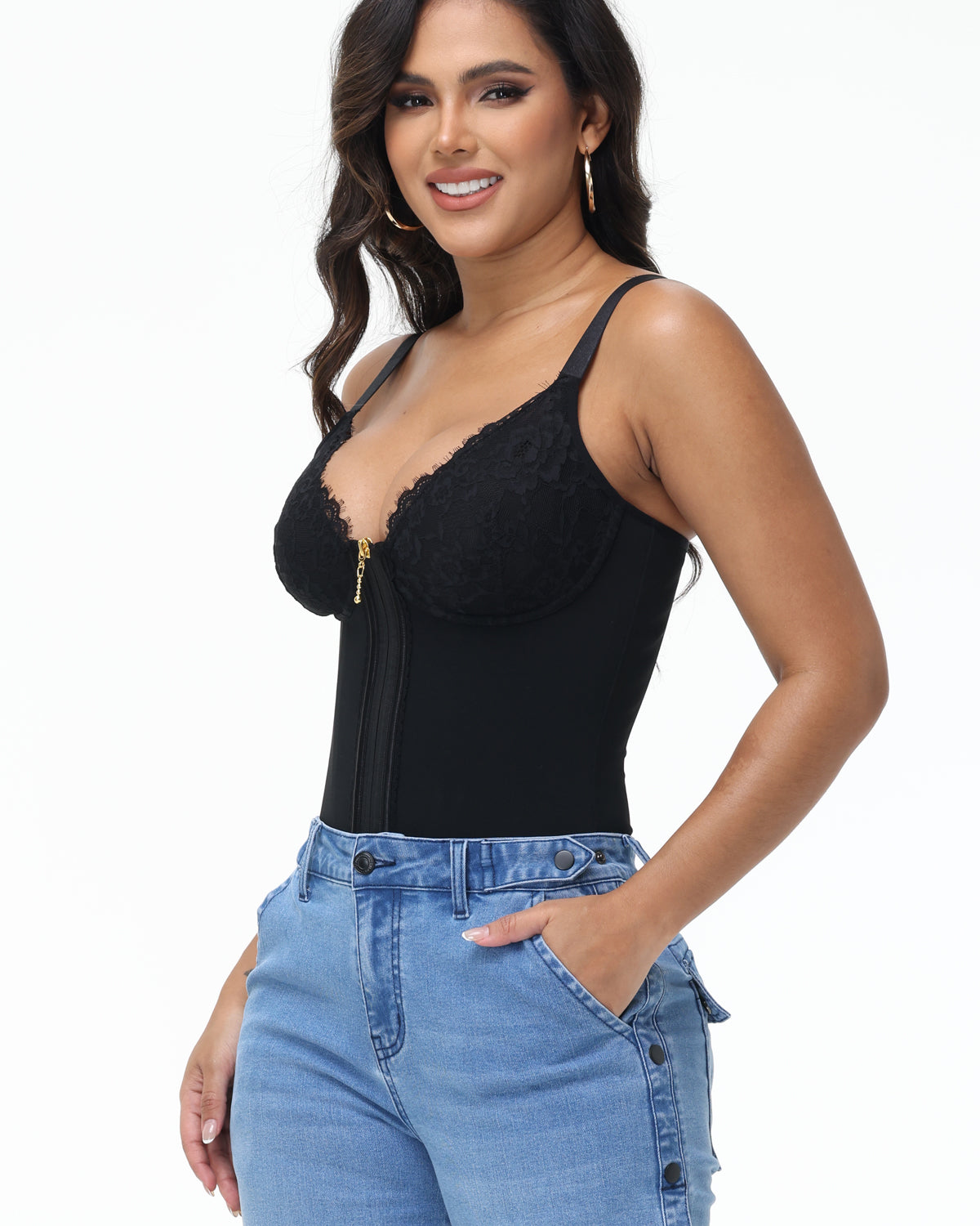 Shapshe® Deep V Lace Corset Top Trimmed Waist Trainer with Front Zipper