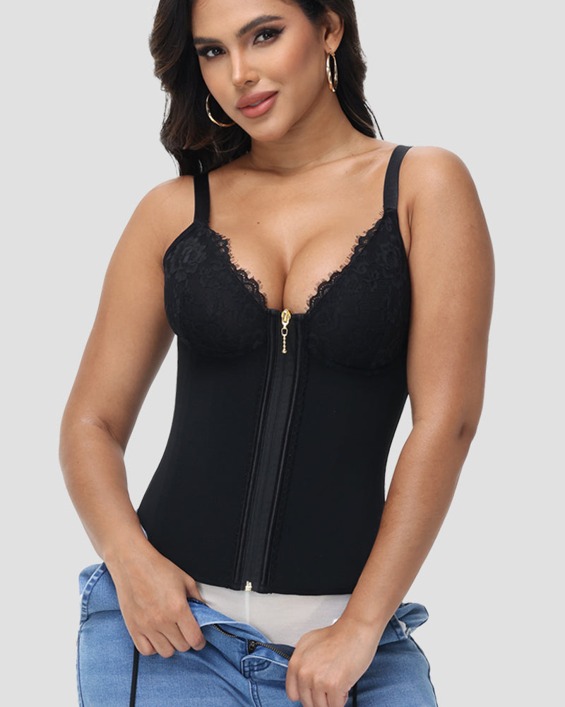 Shapshe® Deep V Lace Corset Top Trimmed Waist Trainer with Front Zipper