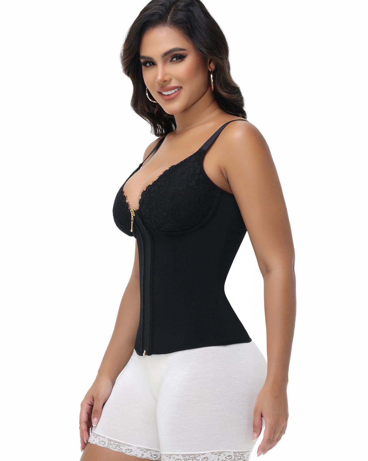 Shapshe® Deep V Lace Corset Top Trimmed Waist Trainer with Front Zipper