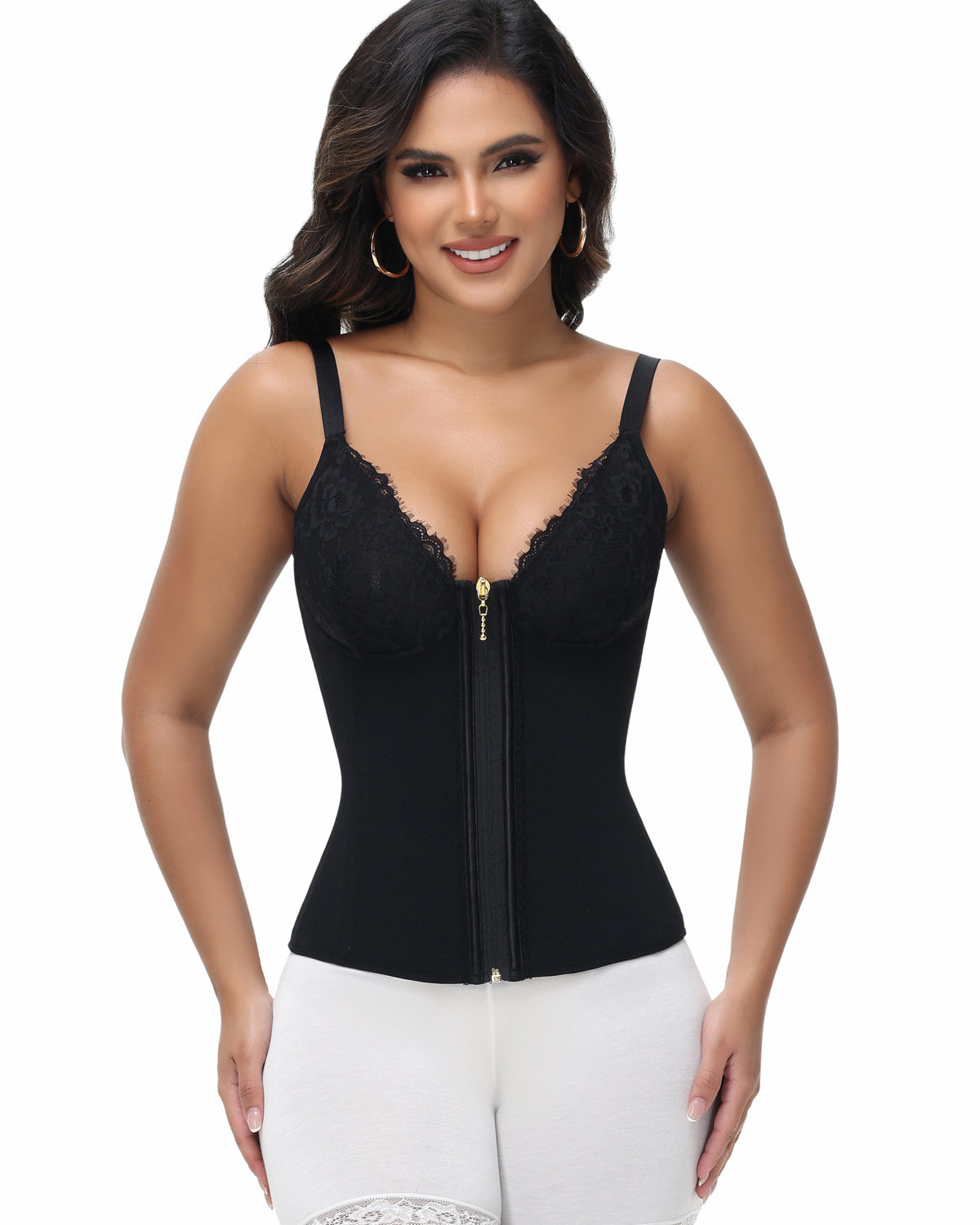 Shapshe® Deep V Lace Corset Top Trimmed Waist Trainer with Front Zipper