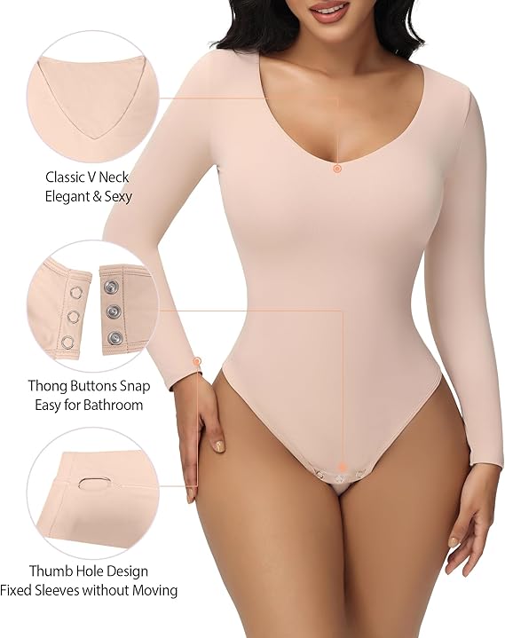 Shapshe® Women's Long Sleeve V Neck Seamless Bodysuits Tummy Control Thong Shapewear