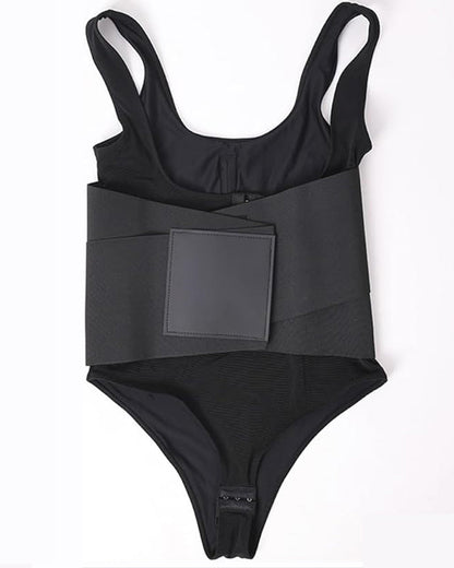 Women Low Back Tummy Control Thong Bodysuit Shapewear with Reinforced belt