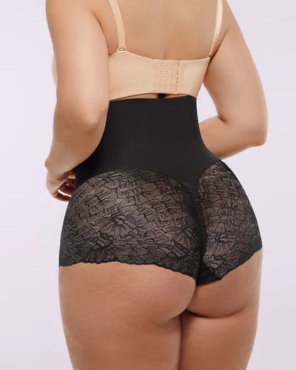 High Waisted Lace Sheer Mesh Panel Tummy Control Shaping Shorts