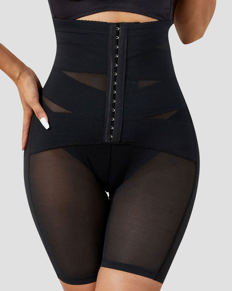 High Waist Stretchy Mesh Shaping Shorts with Adjustable Buckle