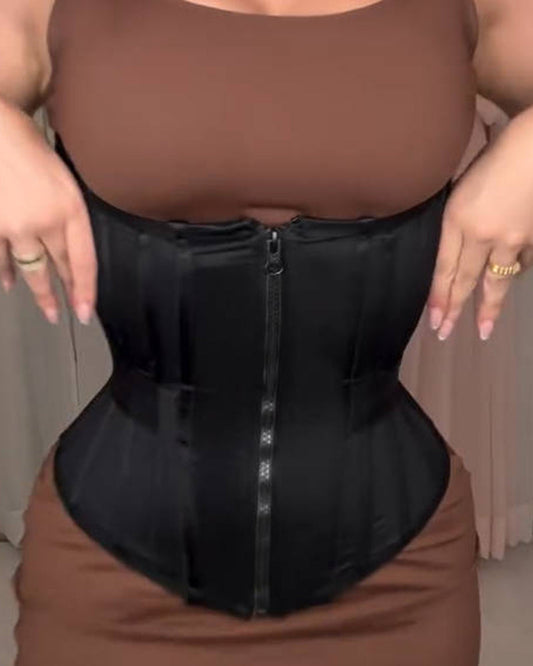 Fajas Colombianas Zipper And Hook Boned Corset Waist Trainer With Side Elastic Band