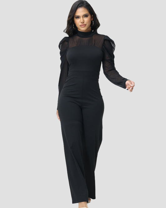 Women's Sheer Mesh Stand Collar Slimming Wide Leg Jumpsuit