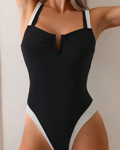 Contrast Color U Neck Backless Tummy Control Shapewear Swimsuit