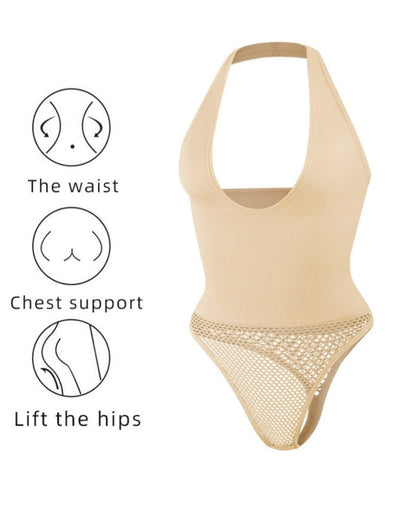 Push Up Halter Neck Backless Mesh Thong Shapewear Bodysuit