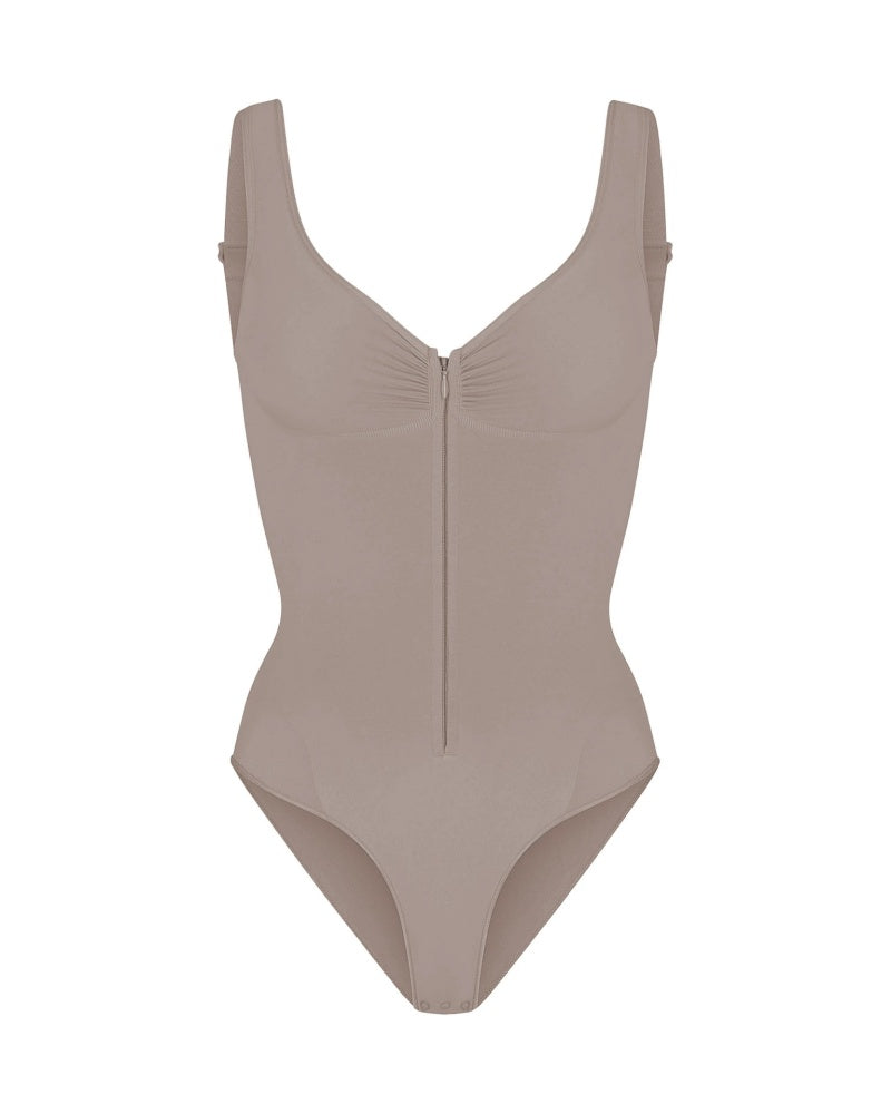 Deep V Seamless Backless Triangle Shapewear Bodysuit with Front Zipper