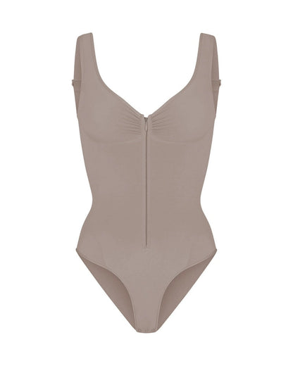 Deep V Seamless Backless Triangle Shapewear Bodysuit with Front Zipper
