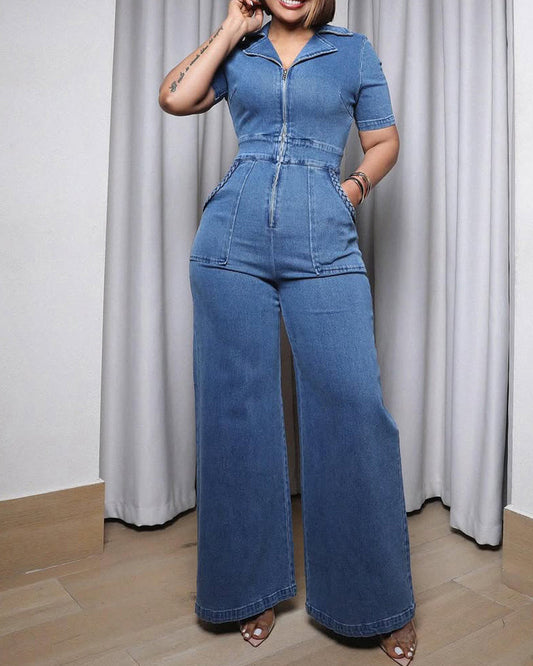 Women's Casual Short Sleeve Loose Straight Leg Denim Jumpsuits with Pockets