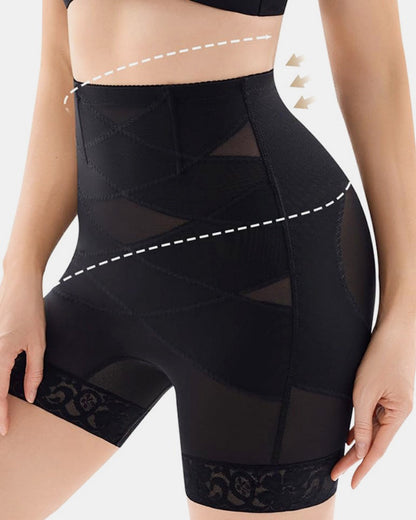 Mesh Waist Cross Tummy Control Shaping Shorts With Lace Edge