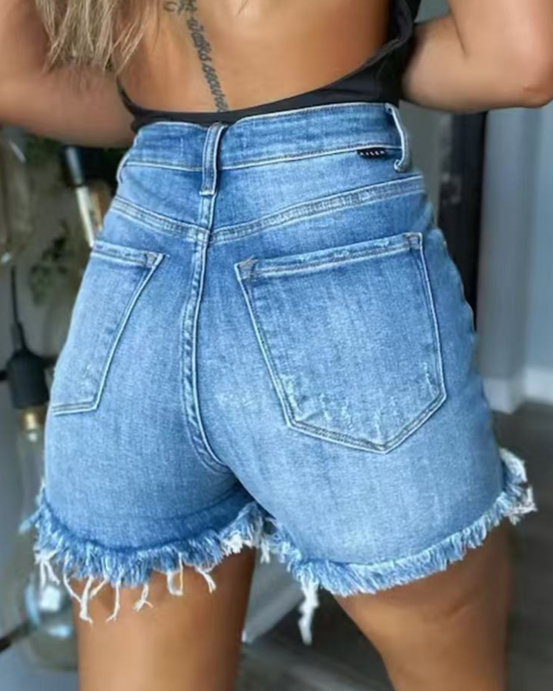 Diagonal Button Raw Edge Ripped Cool Style Denim Shorts