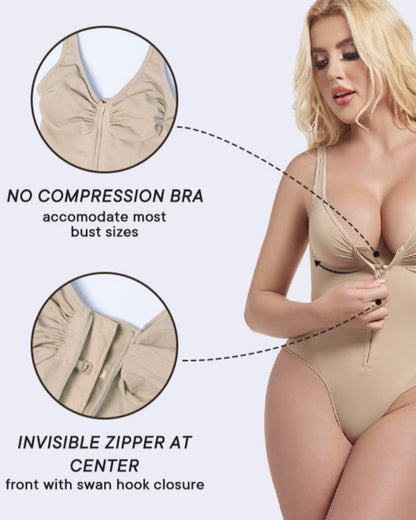 Deep V Seamless Backless Triangle Shapewear Bodysuit with Front Zipper