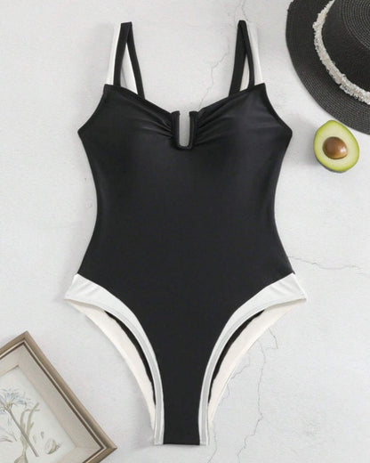 Contrast Color U Neck Backless Tummy Control Shapewear Swimsuit