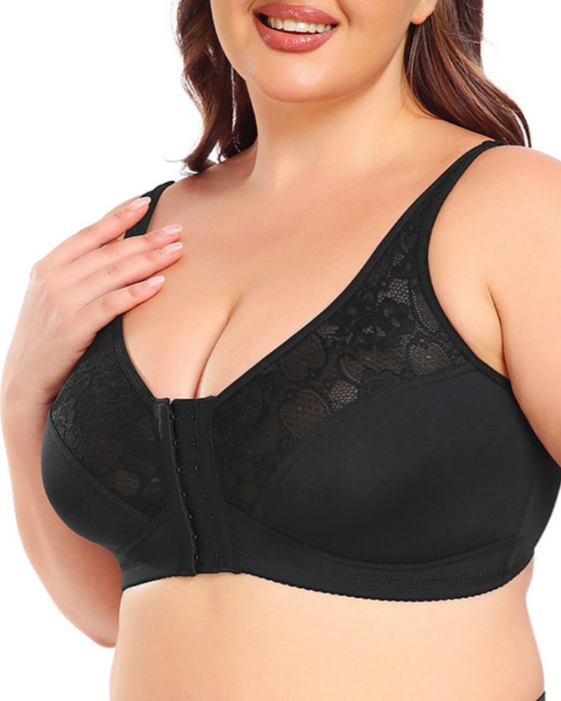 Women's Plus Size Thin Lace Push Up Shaping Bra with Front Closure