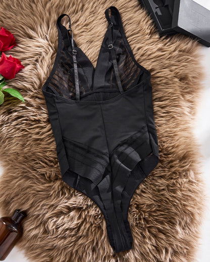 Deep V Seamless Mesh Patchwork Tummy Control Thong Shapewear Bodysuit