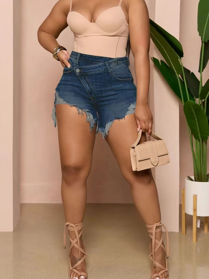 Diagonal Button Raw Edge Ripped Cool Style Denim Shorts