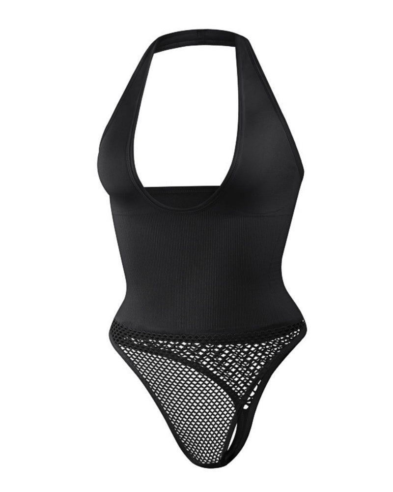 Push Up Halter Neck Backless Mesh Thong Shapewear Bodysuit