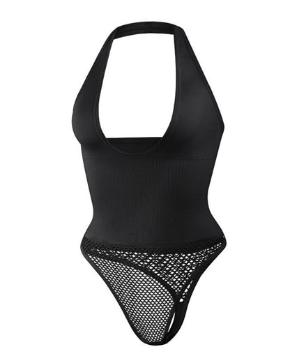 Push Up Halter Neck Backless Mesh Thong Shapewear Bodysuit