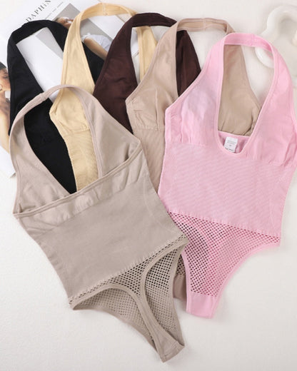 Push Up Halter Neck Backless Mesh Thong Shapewear Bodysuit