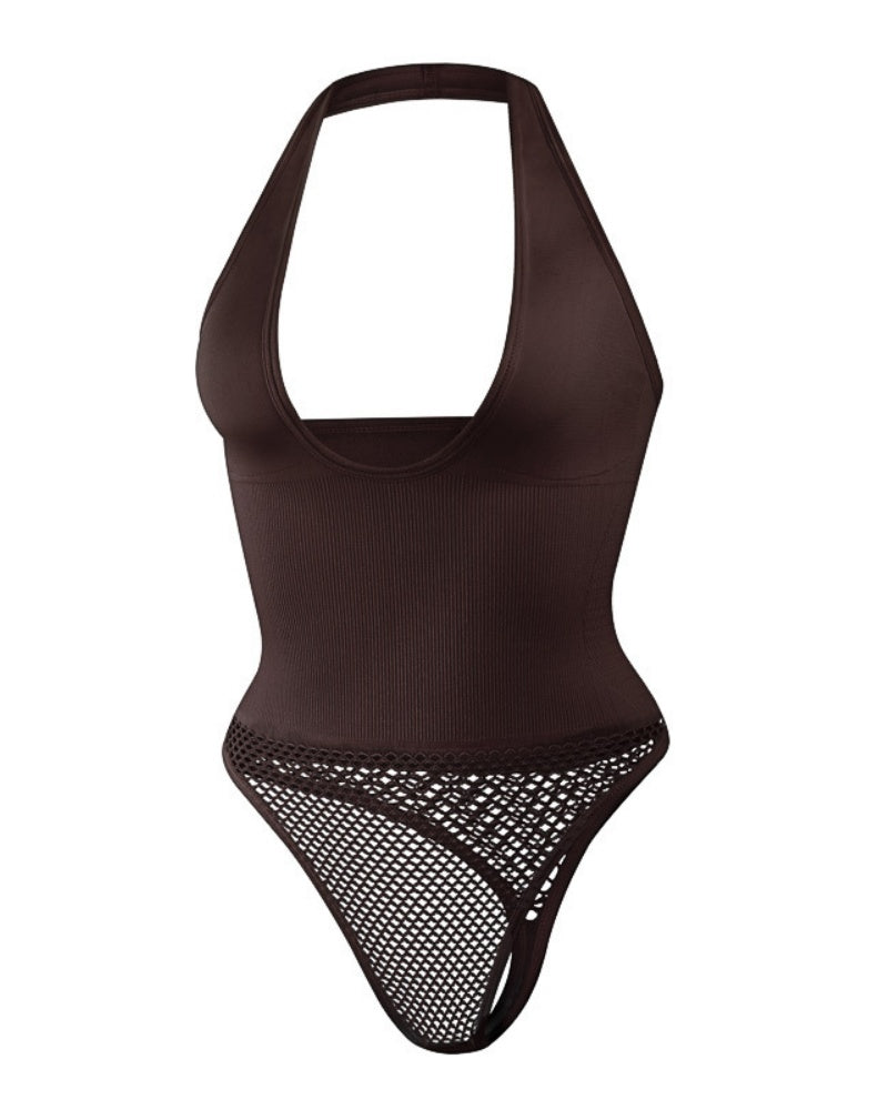 Push Up Halter Neck Backless Mesh Thong Shapewear Bodysuit