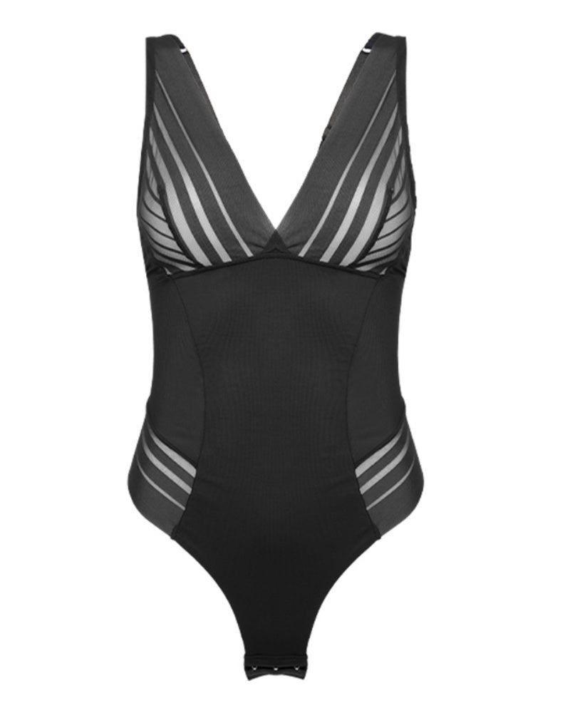 Deep V Seamless Mesh Patchwork Tummy Control Thong Shapewear Bodysuit
