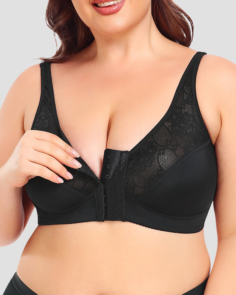 Women's Plus Size Thin Lace Push Up Shaping Bra with Front Closure