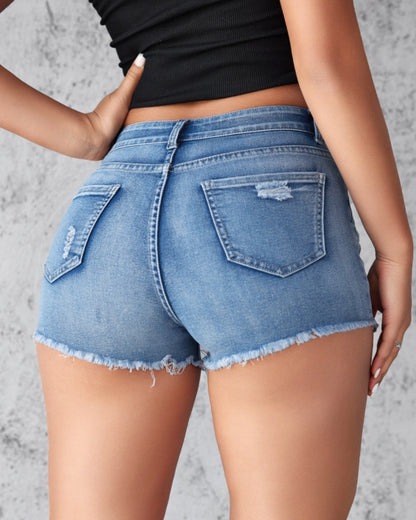 Low Waist Fashionable Slim Fit Ripped Denim Shorts for Women