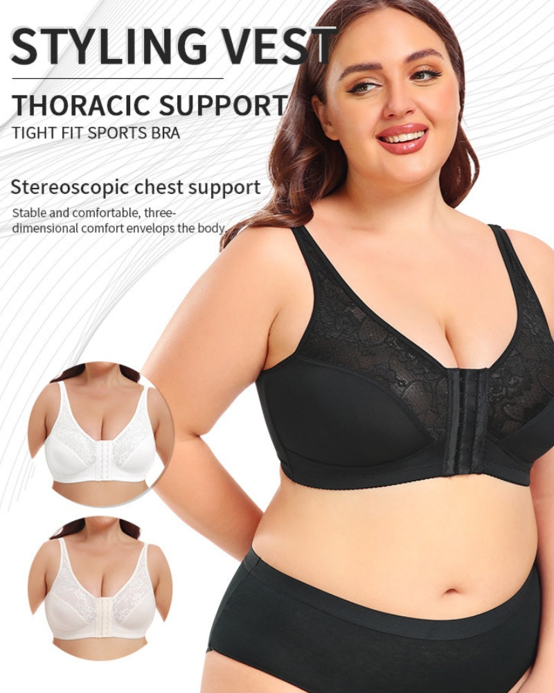 Women's Plus Size Thin Lace Push Up Shaping Bra with Front Closure