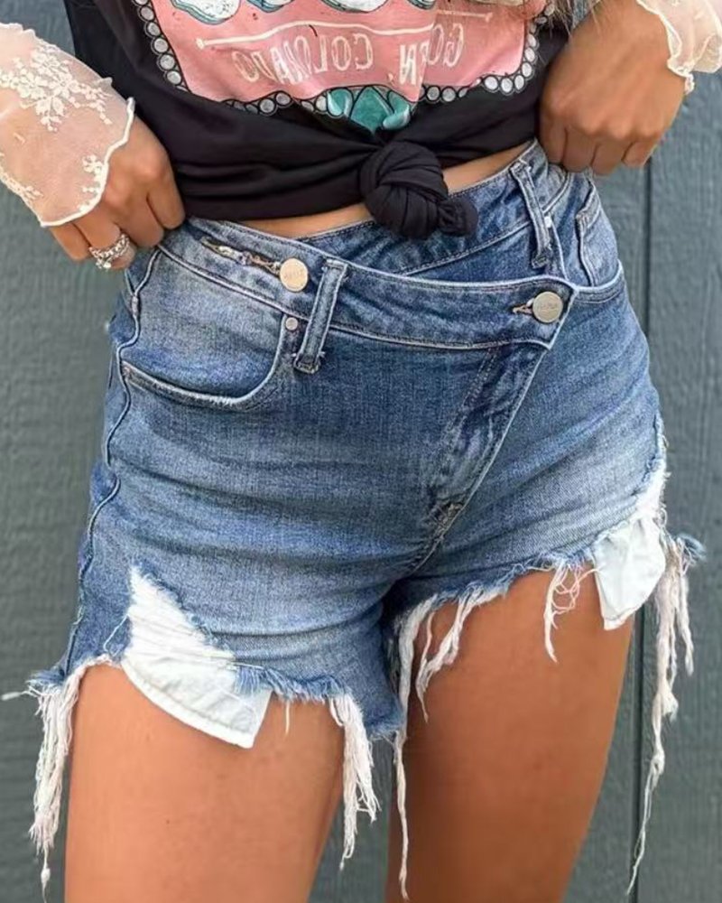 Diagonal Button Raw Edge Ripped Cool Style Denim Shorts
