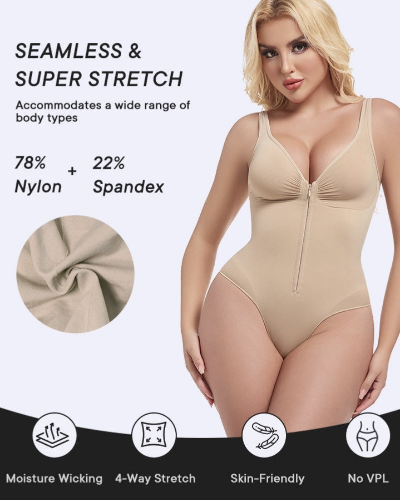 Deep V Seamless Backless Triangle Shapewear Bodysuit with Front Zipper