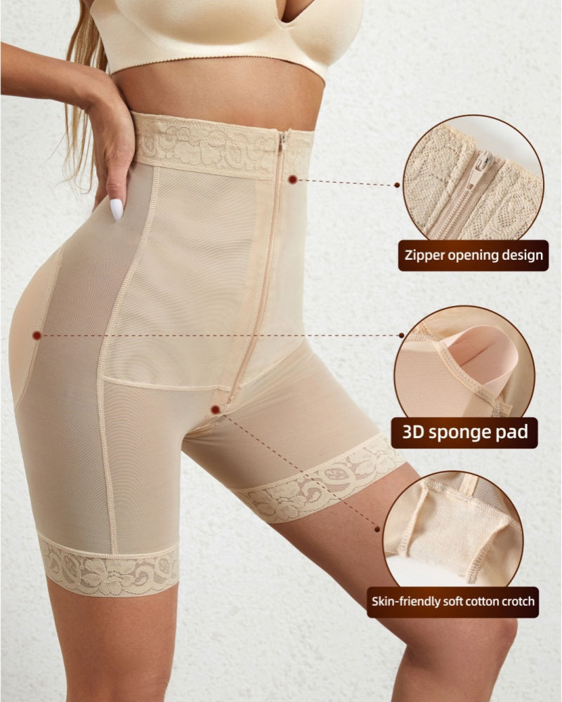 High Waist Hook And Eye Tummy Control Shaping Shorts With Concealed Zipper