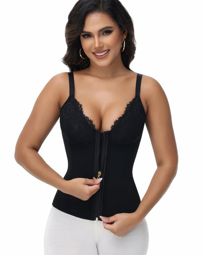 Shapshe® Deep V Lace Corset Top Trimmed Waist Trainer with Front Zipper
