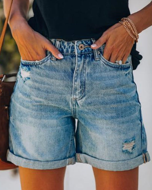 Fashion Street Style Rolled up Ripped Denim Shorts for Women