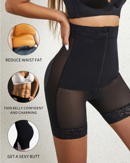 High Waist Hook And Eye Tummy Control Shaping Shorts With Concealed Zipper