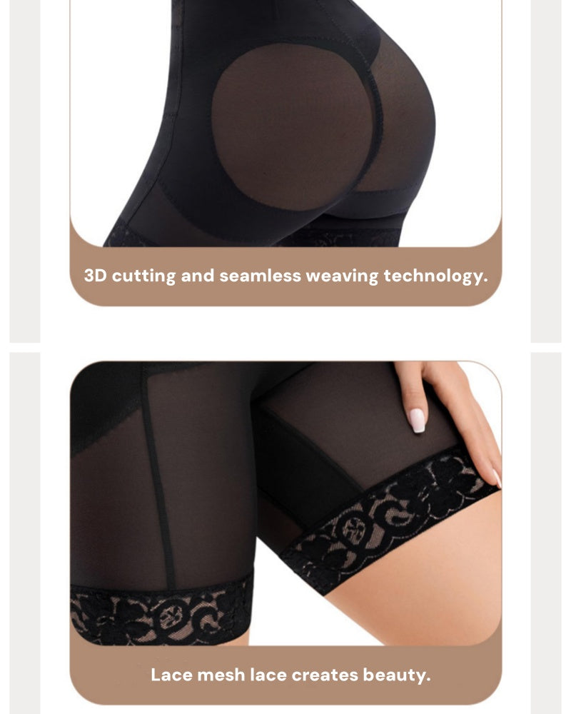 Mesh Waist Cross Tummy Control Shaping Shorts With Lace Edge
