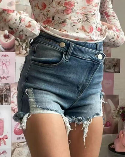 Diagonal Button Raw Edge Ripped Cool Style Denim Shorts