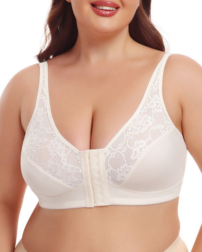 Women's Plus Size Thin Lace Push Up Shaping Bra with Front Closure