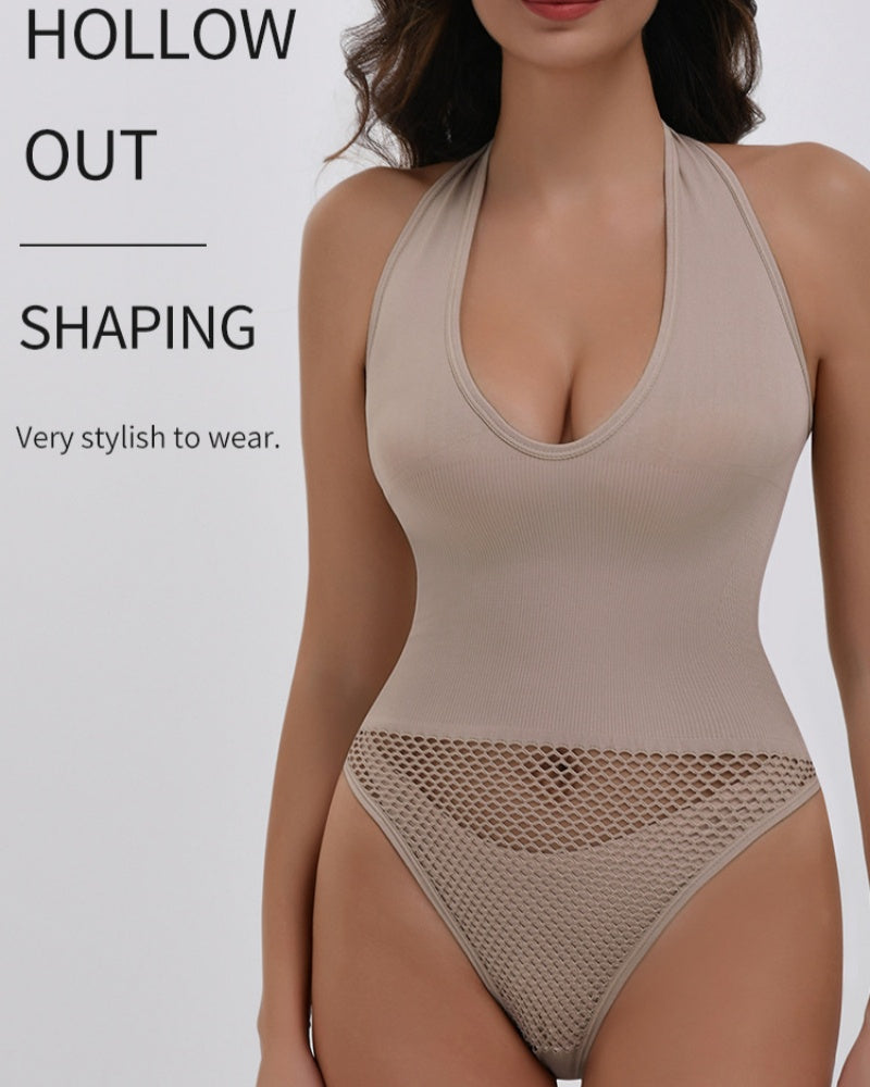 Push Up Halter Neck Backless Mesh Thong Shapewear Bodysuit