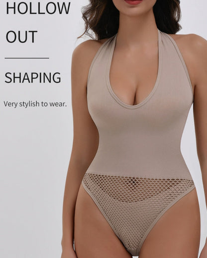Push Up Halter Neck Backless Mesh Thong Shapewear Bodysuit