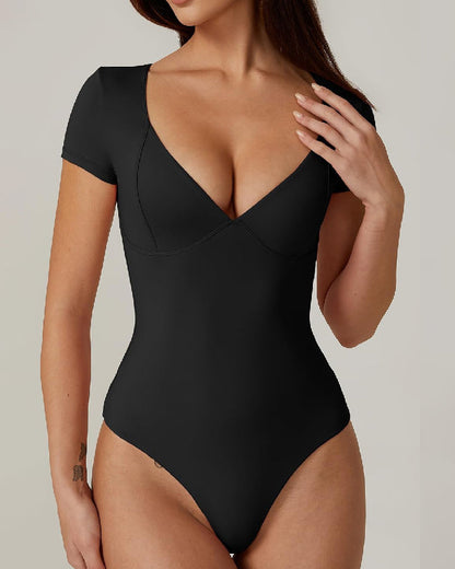 Women's V Neck Short Sleeve Double Lined Seamed Cup Tops Bodysuit