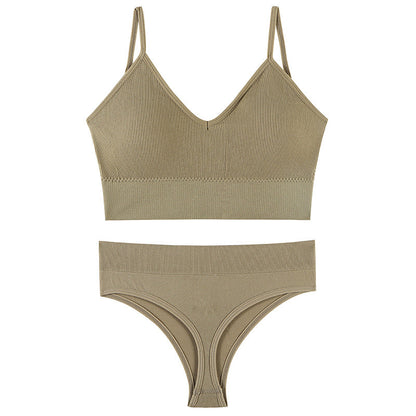 Women's Lingerie Set Solid Fashion Ribbed V-neck Crop Top Bra and Panties Underwear Set