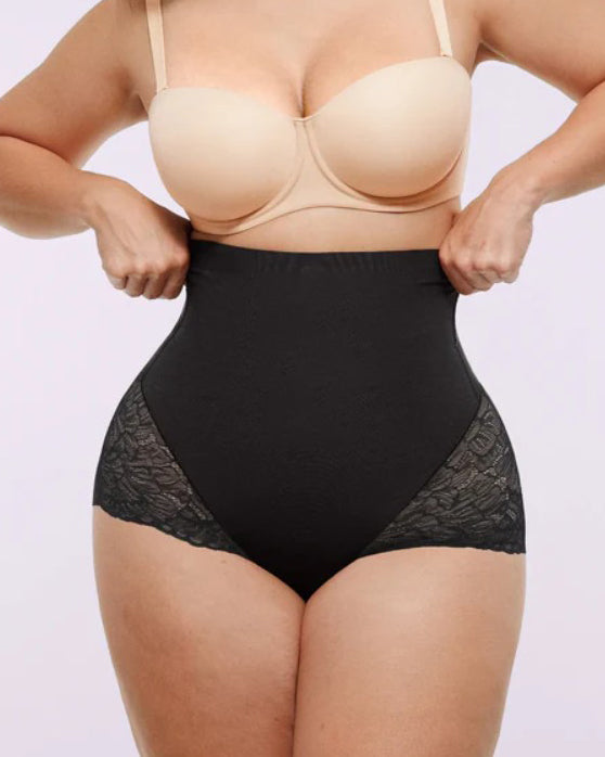 High Waisted Lace Sheer Mesh Panel Tummy Control Shaping Shorts