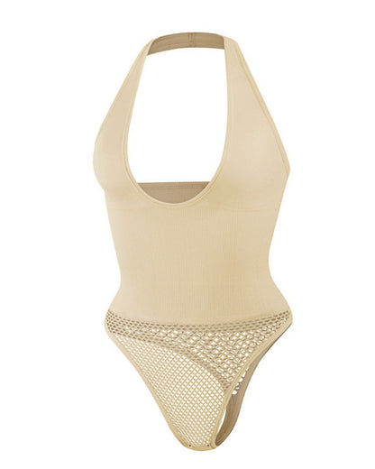Push Up Halter Neck Backless Mesh Thong Shapewear Bodysuit