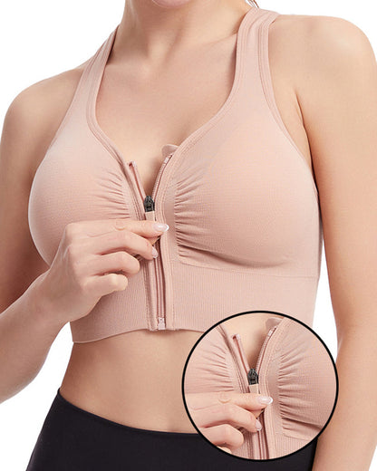 Women's Shockproof Push up Bra Hollow Back with Front Zipper
