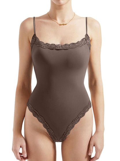 Women's Sexy Spaghetti Strap Sleeveless Buttery Soft Lace Trim Top Bodysuit
